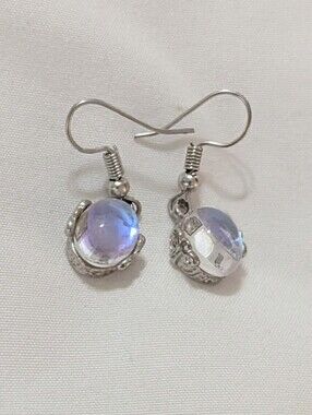 Silver Moonstone Drop Earrings - Iridescent Lavender/Blue Glow